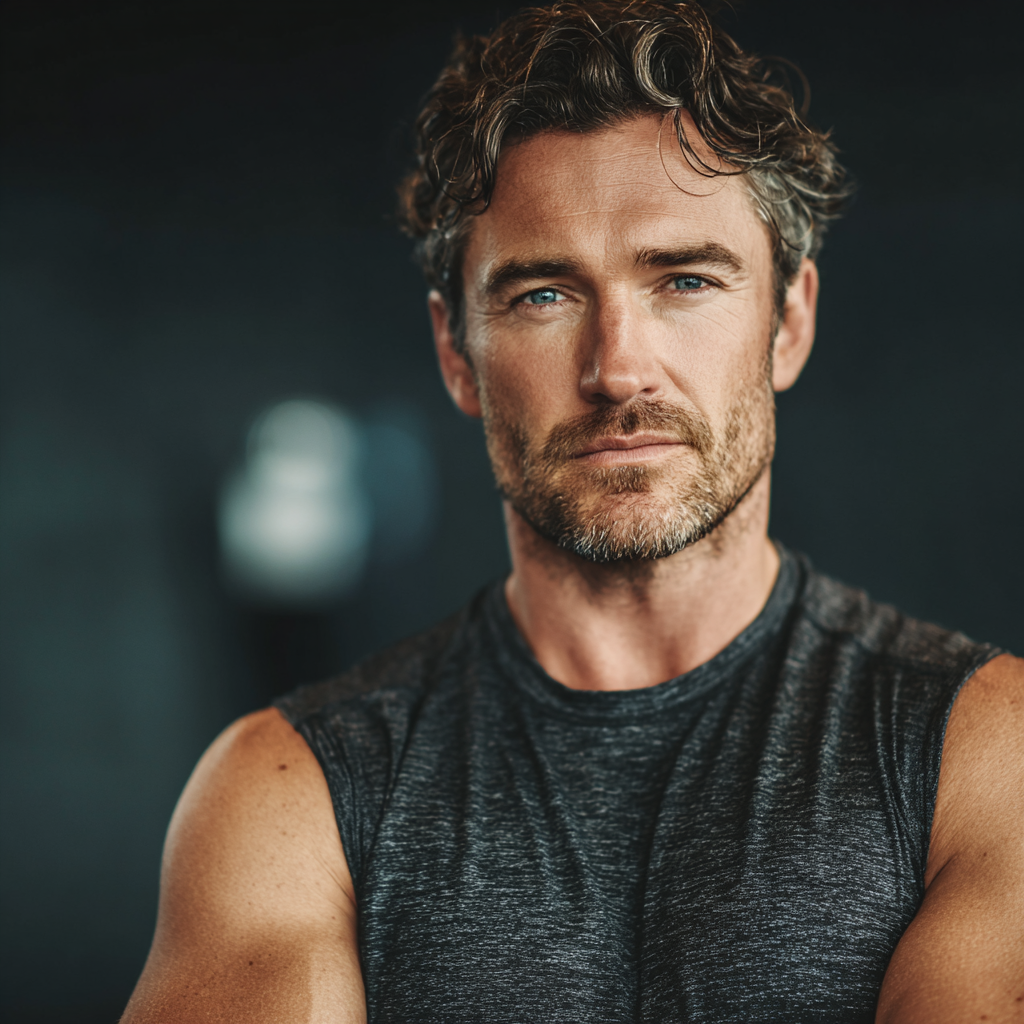 confident athletic man in modern gym setting, focused and determined, wearing workout clothes