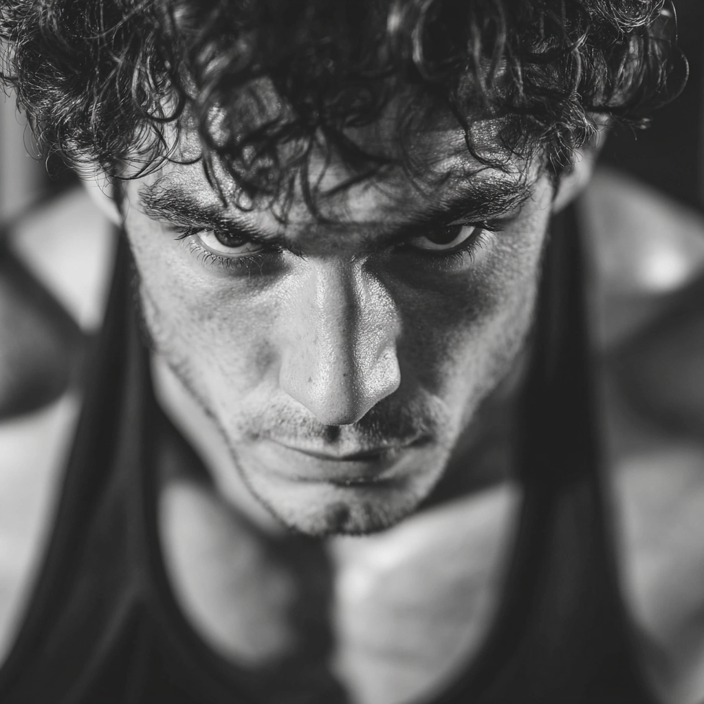 determined man doing intense strength training, focused expression, modern fitness equipment