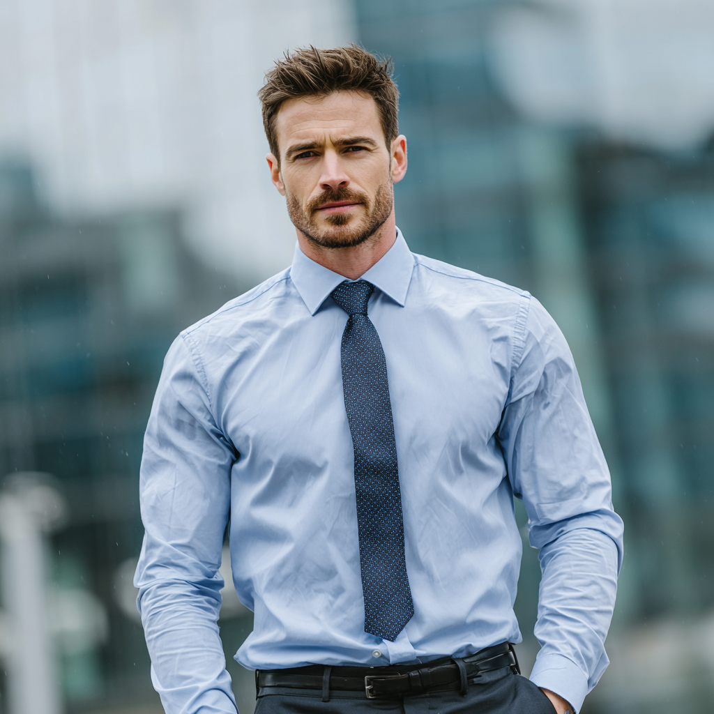 successful man in business attire and athletic build, confident posture, modern urban background